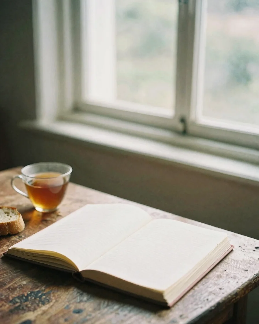 Soft natural window light across an open journal and a worn wooden table, a single cup of tea and fresh bread crust at t