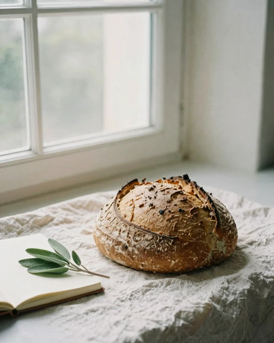 Intimate portrait of fresh sourdough on linen, bathed in soft mor