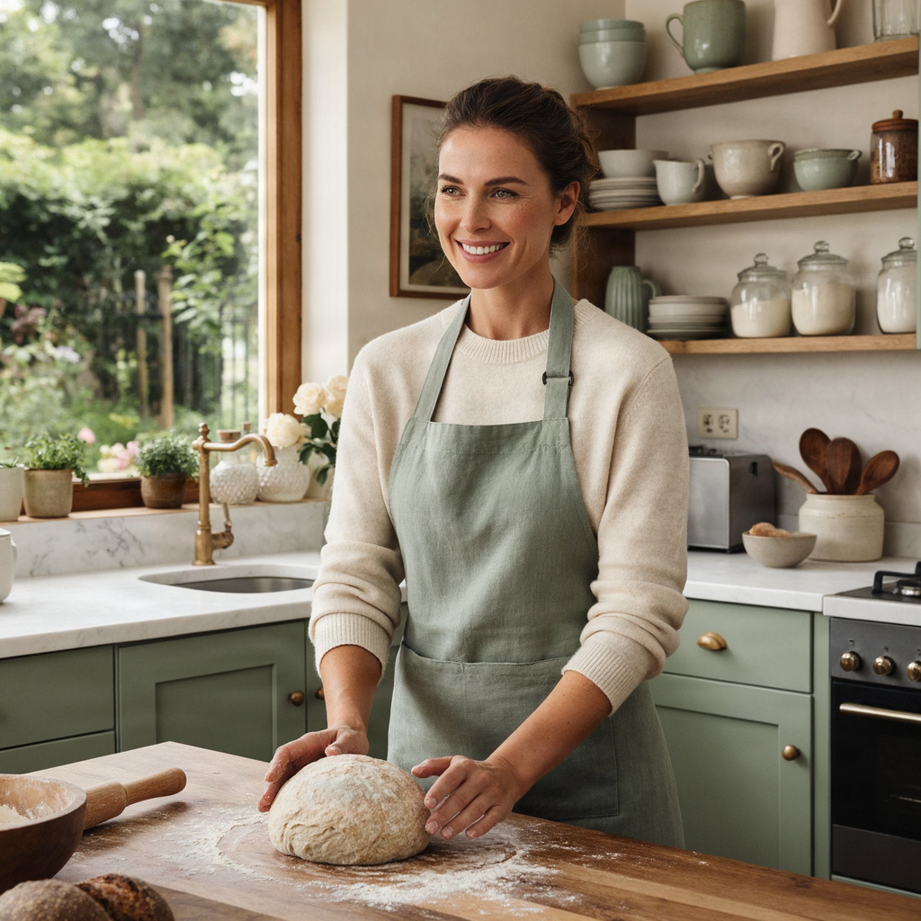 A woman with a warm smile baking sourdough bread in a cozy, sunlit kitchen, feminine and editorial style.